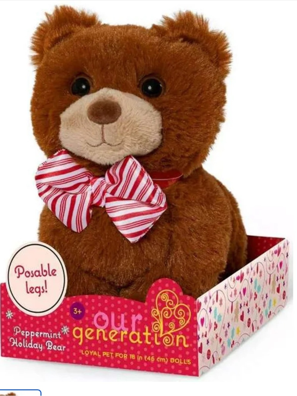 Our Generation Peppermint Holiday Bear Plush - Brown with Red Stripe Bow